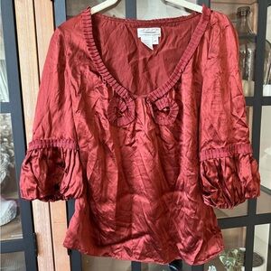 Vintage blouse top silk ruffles rosettes rust copper 3/4 long sleeve scoop Y2K